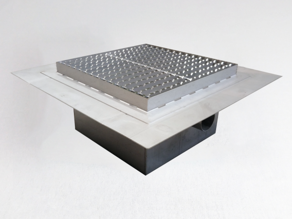 Inox talni sifon Z REŠETKO, dimenzij 200mm x 200mm x 188mm Ø50mm horizontalno POVOZEN PROTIZDRSEN s PRIROBNICO za HIDROIZOLACIJO