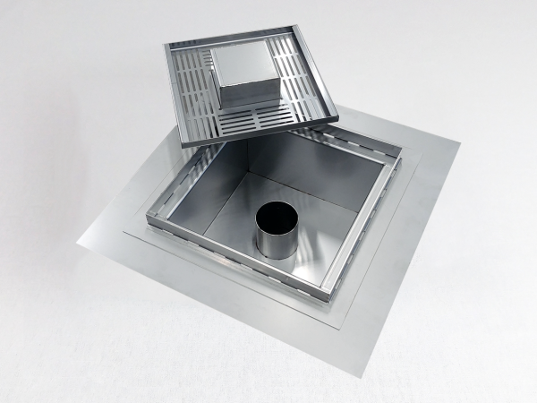 Inox talni sifon Z REŠETKO, dimenzij 300mm x 300mm x 191mm Ø110mm vertikalno POVOZEN PROTIZDRSEN s PRIROBNICO za HIDROIZOLACIJO