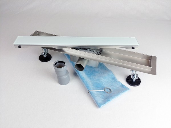 Kanaleta tuš z BELIM KALJENIM STEKLENIM pokrovom, dimenzij: 900(d)x70(š)x70(v)mm INOX