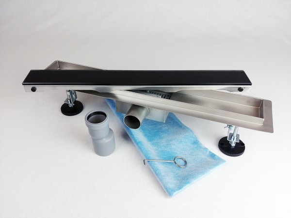 Kanaleta tuš s ČRNIM KALJENIM STEKLENIM pokrovom, dimenzij: 800(d)x70(š)x70(v)mm INOX