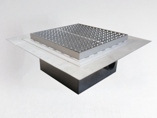 Inox talni sifon Z REŠETKO, dimenzij 200mm x 200mm x 188mm Ø50mm horizontalno POVOZEN PROTIZDRSEN s PRIROBNICO za HIDROIZOLACIJO