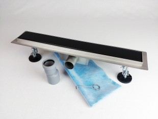 Kanaleta tuš s ČRNIM KALJENIM STEKLENIM pokrovom, dimenzij: 800(d)x70(š)x70(v)mm INOX