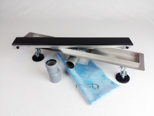 Kanaleta tuš s ČRNIM KALJENIM STEKLENIM pokrovom, dimenzij: 800(d)x70(š)x70(v)mm INOX