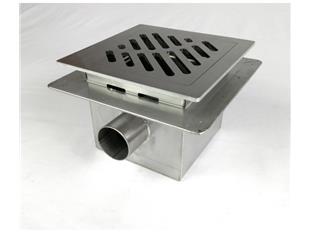 Talni sifon komplet s čelno ploščo debeline 5mm s PERFORIRANIM VZORCEM (AVTOPOVOZNO) in prirobnico za hidroizolacijo 200x200x150mm INOX Ø50mm horizontalno