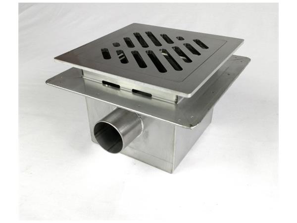 Talni sifon komplet s čelno ploščo debeline 5mm s PERFORIRANIM VZORCEM (AVTOPOVOZNO) in prirobnico za hidroizolacijo 200x200x150mm INOX Ø50mm horizontalno